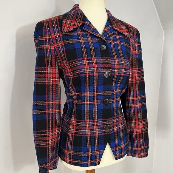 Pendleton Vintage Wool Blazer Blue Plaid Sz 8 Two Button Jacket Preppy Academia - Picture 3 of 10